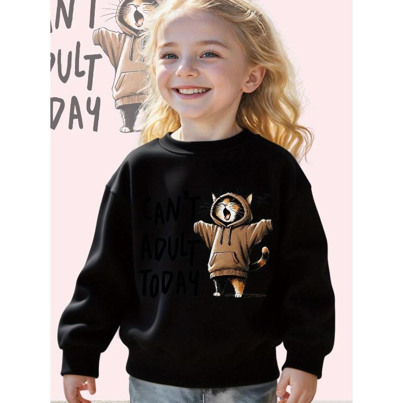 Kids Crewneck Sweatshirt, Cute Graphic of Girl and Lazy Cat in Hoodie, Soft Casual Long Sleeve Pullover
