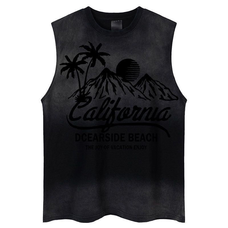 51 Hip Hop Sunset Quiet Hong Kong Style Street Sunset Print Sleeveless T-shirt Gradient Washed Loose Vest for Boys