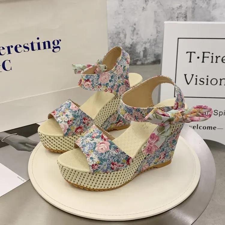 Модные INS Hot Lace Leisure Womens Wedges Heeled Women Shoes 2024 Summer Sandals Party Platform High Heeled Shoes Woman