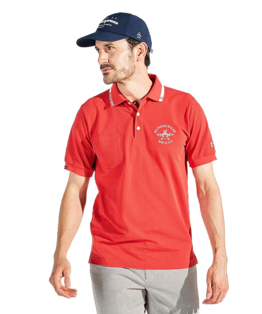 Мужская рубашка Munsingwear с коротким рукавом и воротником для гольфа MG5SHS26M, Цвет: Футбол/Серый, Влагоотводящая, Быстросохнущая, С карманами, (РД00) (красный)