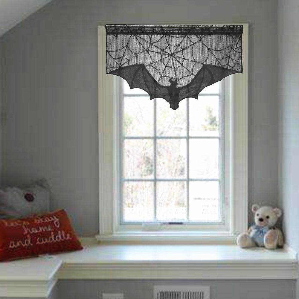 Halloween Curtains 95*57cm Black Lace Spider Web Bat Curtains Halloween Door Curtain Decoration