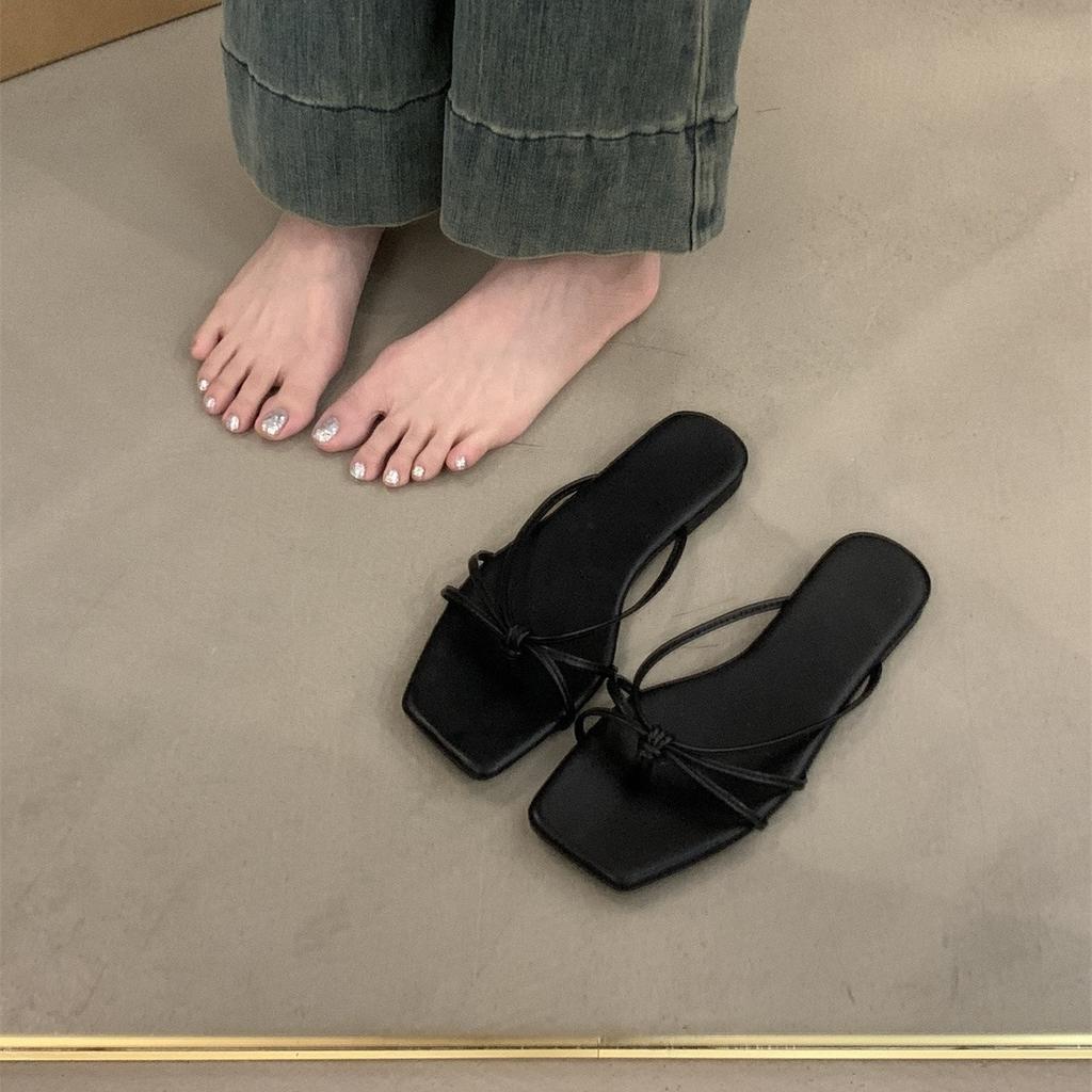 Spring 2025 New Flat-bottomed Cool Slippers Square Head Fairy Style with Skirt Strap Cover Toe Silver Sandals Women's Shoes