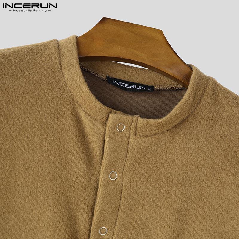 INCERUN Men Buttons Neck Long Sleeve Furry Casual Solid Loose T-shirts Tops