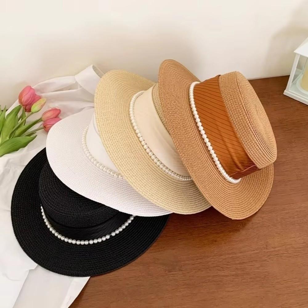 New French Hepburn Style Straw Hat Solid Color UV Protection Pearl Chain Hat Breathable Straw Weaving Flat Sun Hat Beach Wear