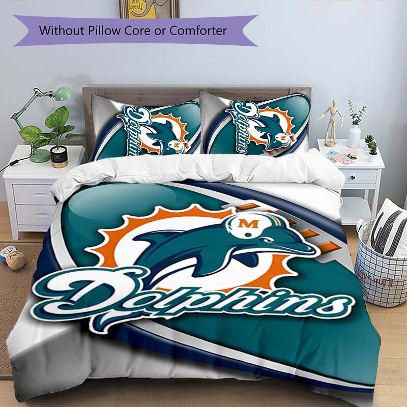 3pcs Miami Dolphins logo pattern bedding set duvet cover set includes duvet cover &pillowcases, perfect all season bedroom decoration & gift
