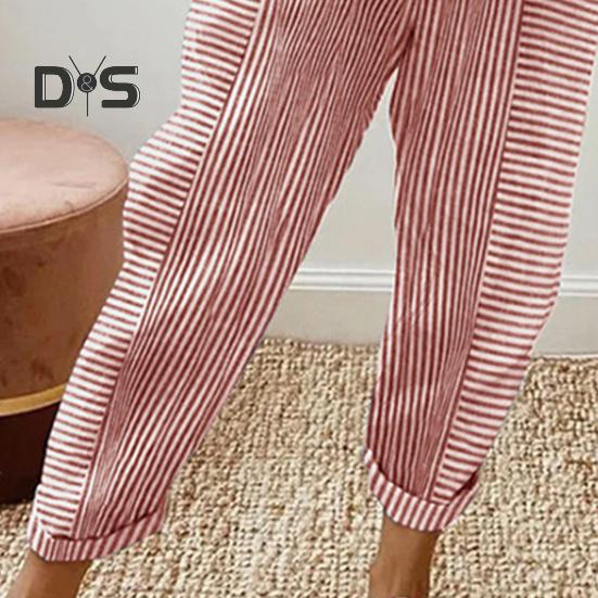 Женские повседневные брюки с эластичной талией и средней посадкой, летние жаккардовые длинные брюки с карманами, полосатые брюки свободного кроя