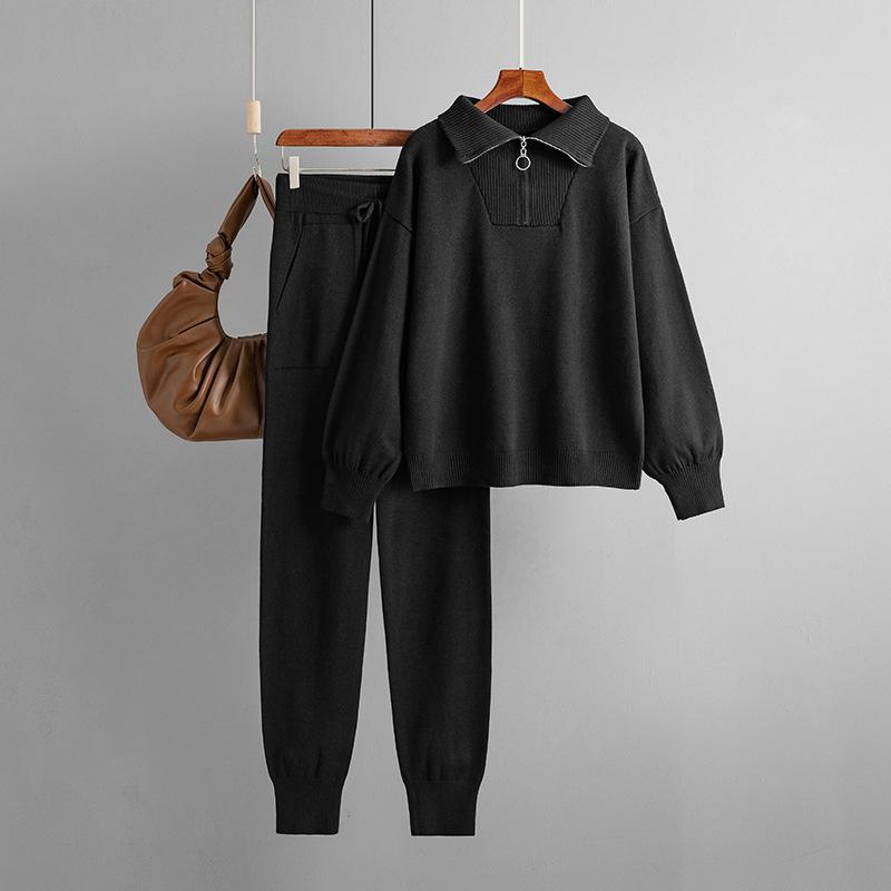 Свитер с воротником-поло, костюмы для женщин, осенне-зимний свободный вязаный комплект из двух предметов