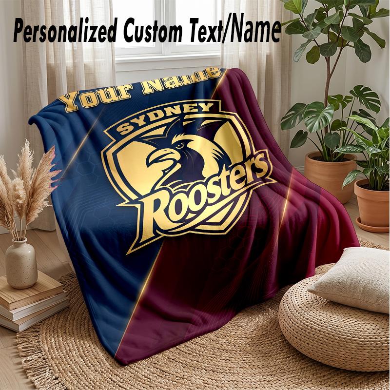 Sydney Roosters Custom Flannel Throw Blanket Print Your Name Text Soft Warm Blanket Holiday Present