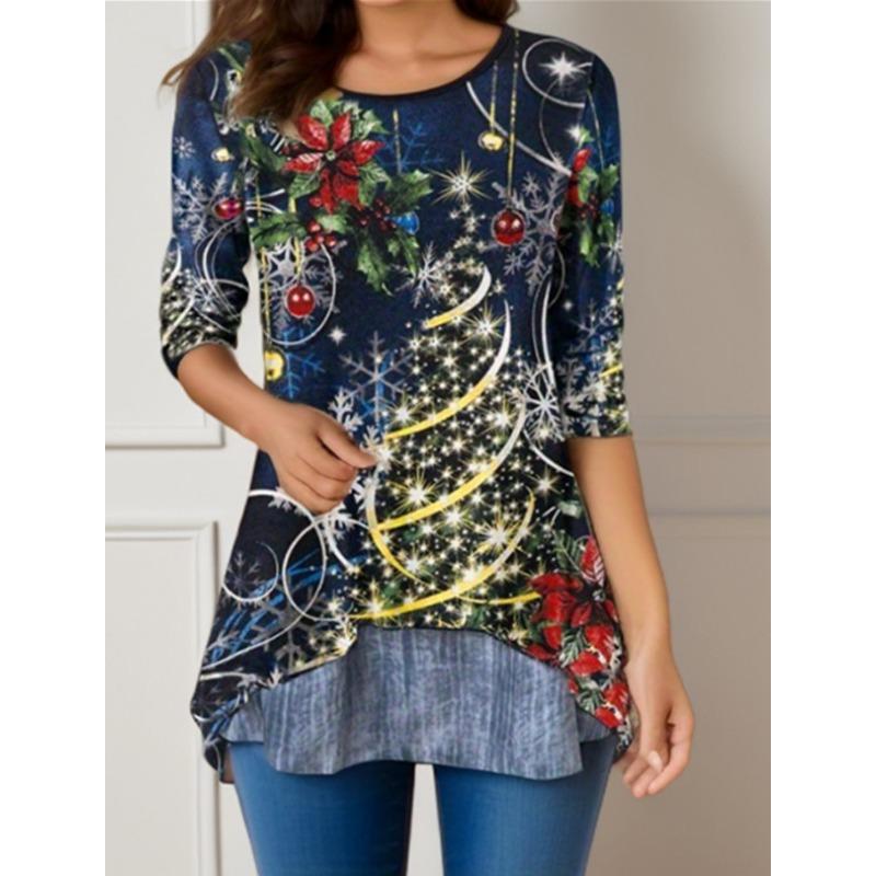 Женская мода повседневная весна осень рождественская принт длинный рукав блузки и рубашки с круглым вырезом