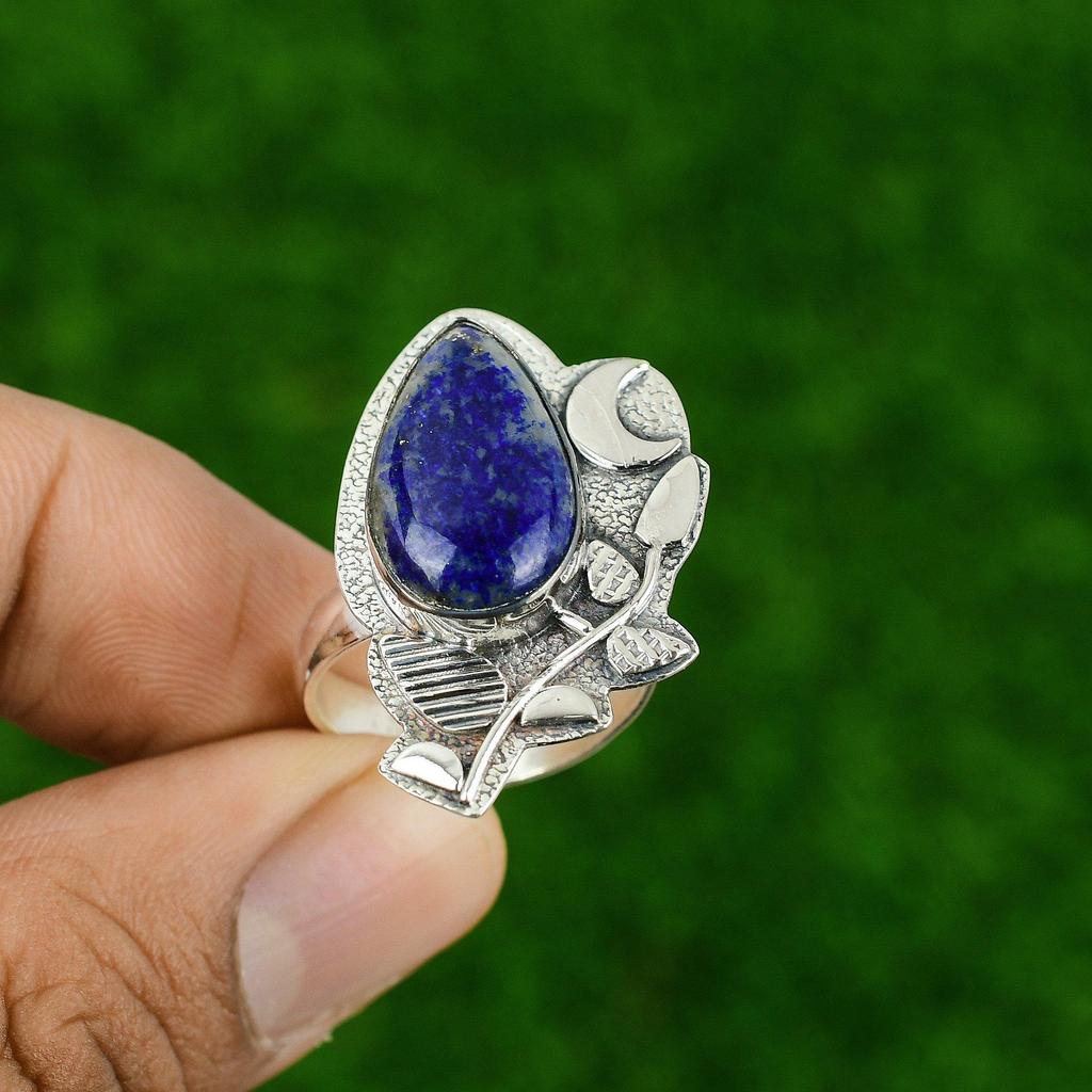 Pear Lapis Lazuli Gemstone Bezel Boho Promise Cescent Moon Ring Sterling Silver