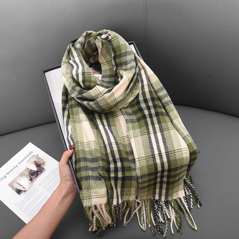 Color Matching Retro Fringed Scarf Women'S Winter Senior Sense Versatile Thickened Warm Scarf Shawl Dual-Purpose