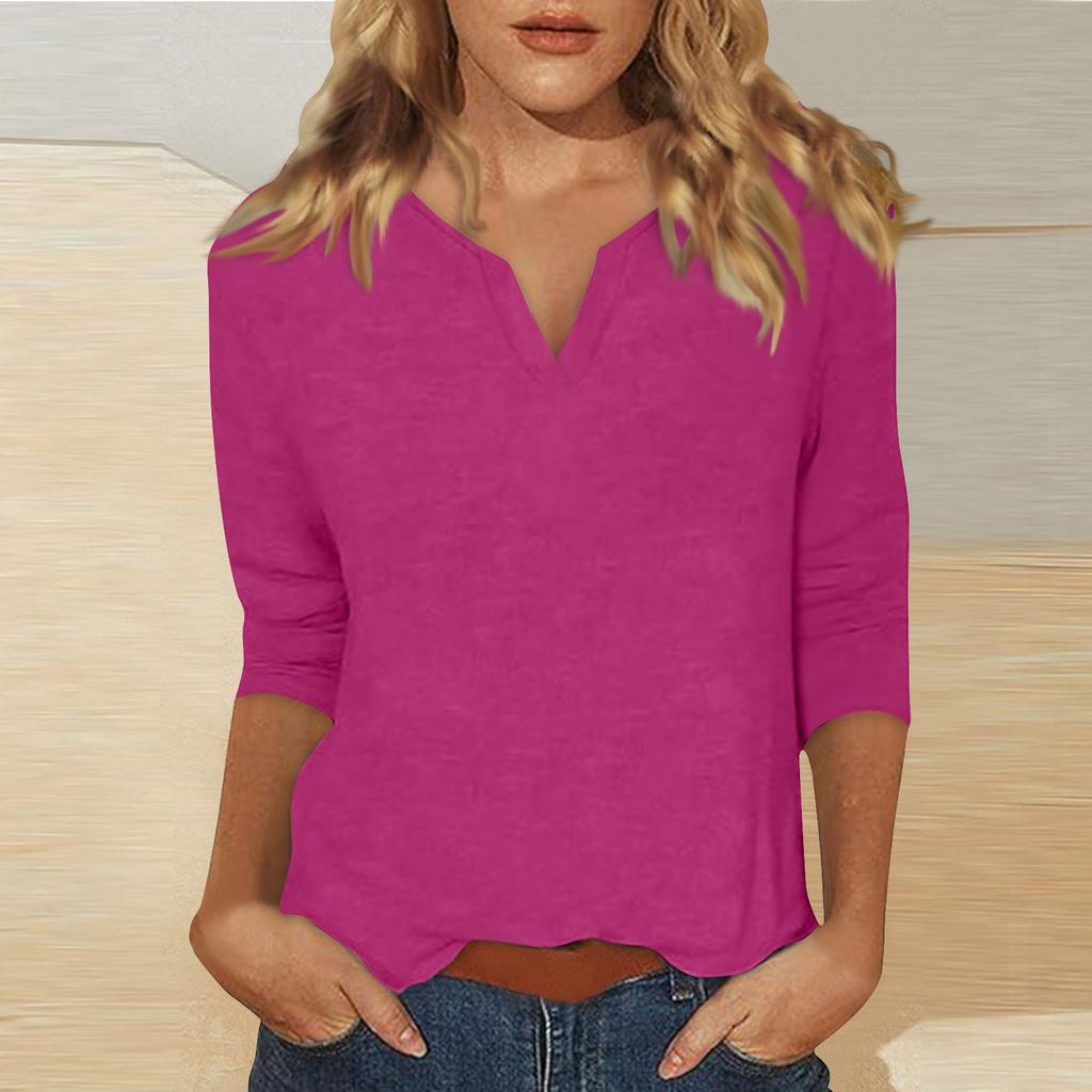 Женский однотонный топ с круглым вырезом и рукавами 3/4 V+