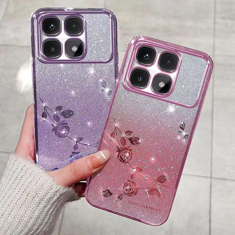Чехол для телефона XiaoMi 14T 5G, Mi 14T Pro 5G Flash Pink Flower Прозрачный противоударный защитный чехол с роскошным бриллиантовым сиянием