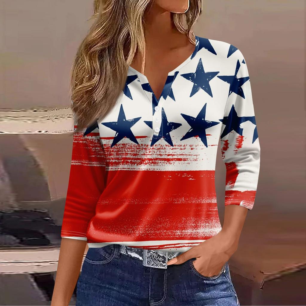 Women's T Shirt Tee Print Button 3/4 Sleeve Daily Weekend Fashion Basic V Neck Regular Top