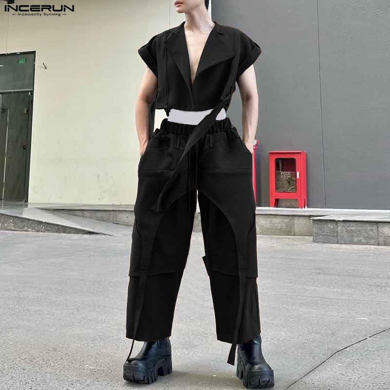 INCERUN Two Pieces Sets Men Zip-up Sleeveless Cropped Waistcoat and Long Cargo Pants Outfits