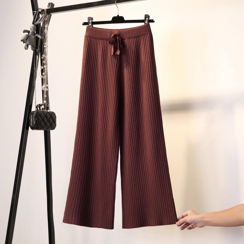 Женские осенне-зимние свободные шерстяные утолщенные трикотажные брюки с высокой талией, широкие длинные