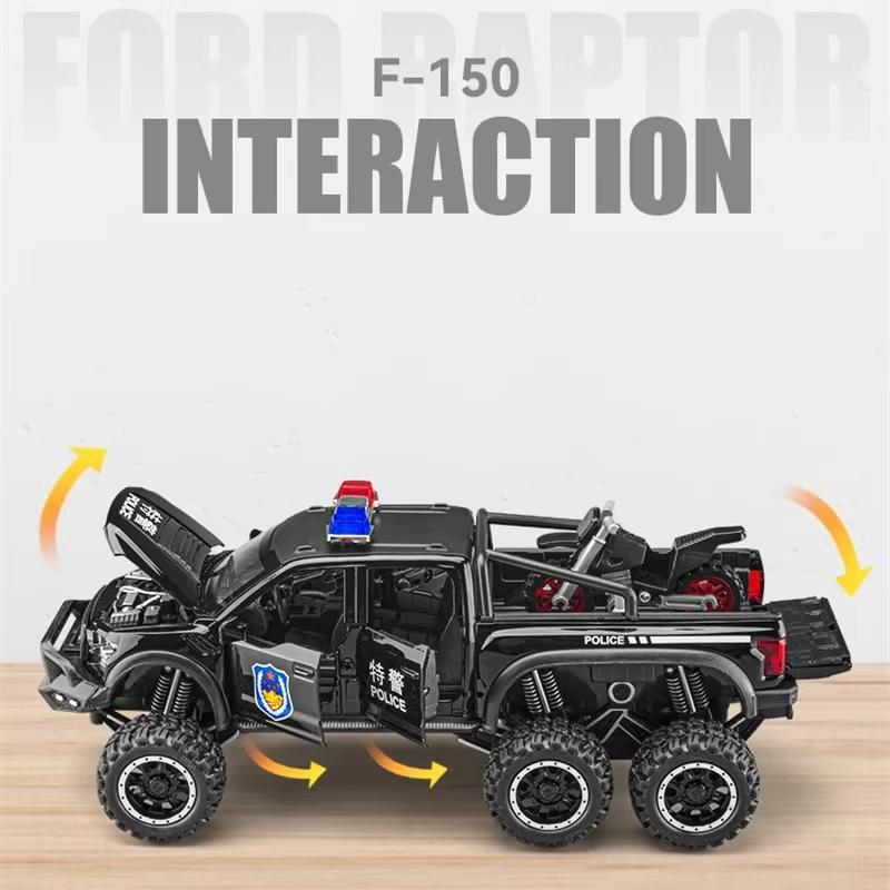Новый 1:28 Ford F150 Полицейская машина Пикап Моделирование Литой металлический автомобиль Модель внедорожника Big Foot Truck со звуком и светом Инерционный двигатель для мальчиков Игрушка