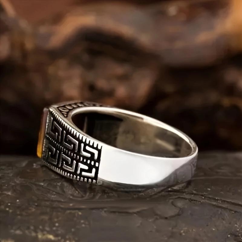 European and American Retro Square Tiger Eye Stone Ring Great Wall Pattern Punk Trendy Men's Jewelry New Style