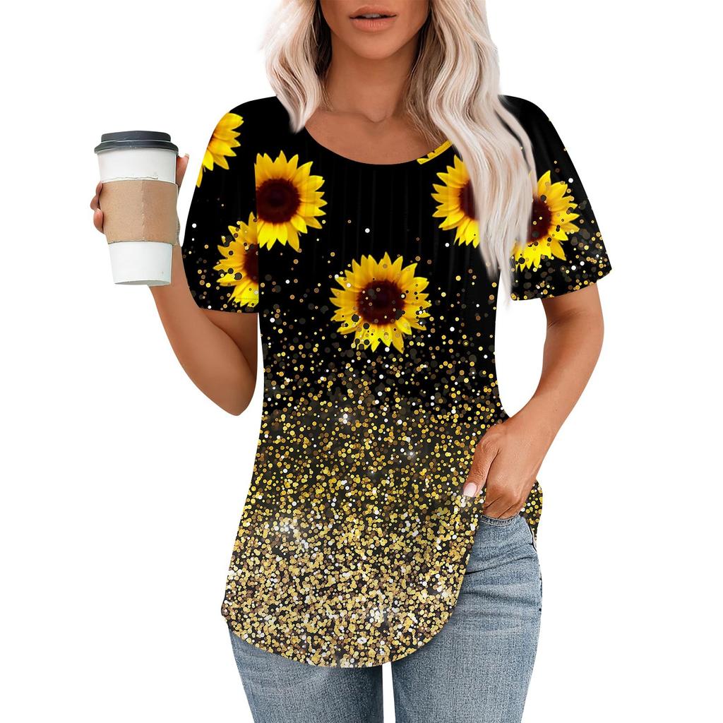 Women's Summer Fashion Casual Pleated Round Neck Print Short Sleeve T-Shirt Top