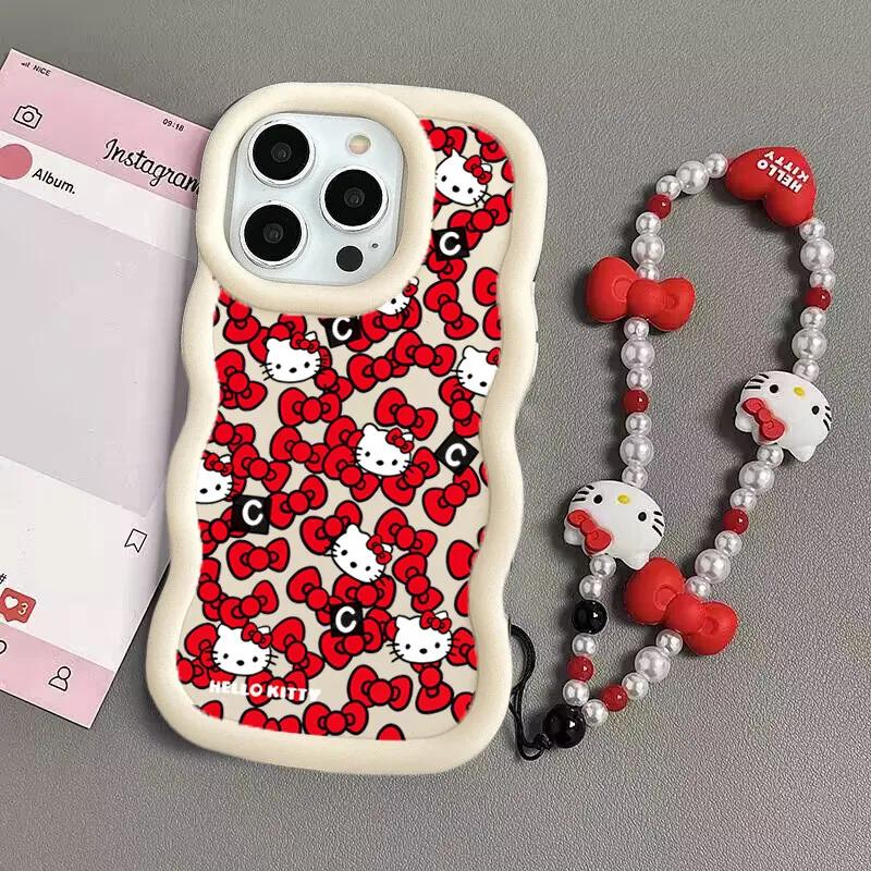 Чехол-цепочка Hello Kitty для iPhone 17 Pro Max 16 15 14 13 12 11 Pro Max 17 Air 16e 14 16 15 Plus 16+ Чехол для телефона Милый Волна ТПУ