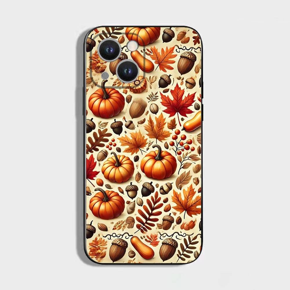 Осенние листья тыква Чехол для телефона Для iPhone 16,15,14,13,12,11 Plus,Pro Max,XS,X,XR,SE,Mini,8,7,Мягкий силикон Черный чехол