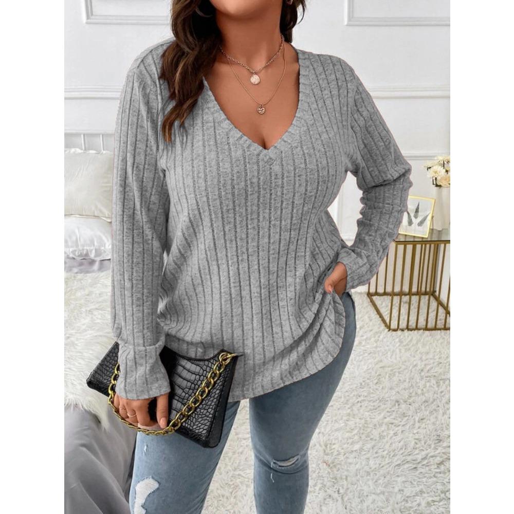 Осенне-зимние однотонные женские топы больших размеров с V-образным вырезом и длинными рукавами, свободный пуловер