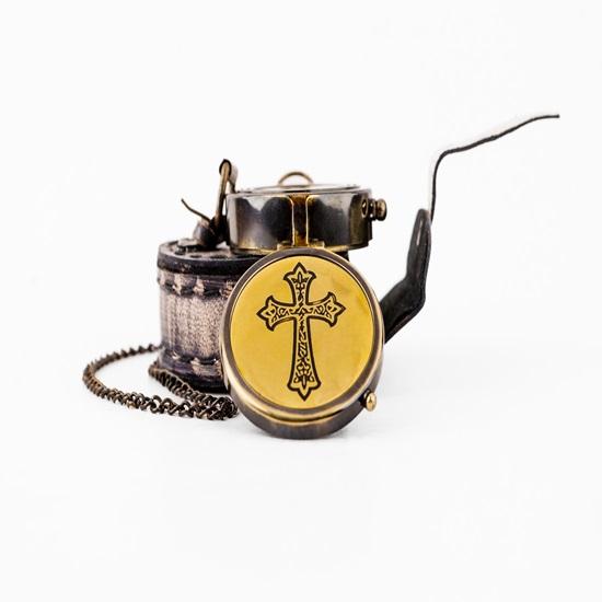 5.08 Cm Cross Sign Brass Working Compass with Leather Cover Gift for Him, Nautical Collectible, Adventure Tool, Father's Day Gift, Traveler