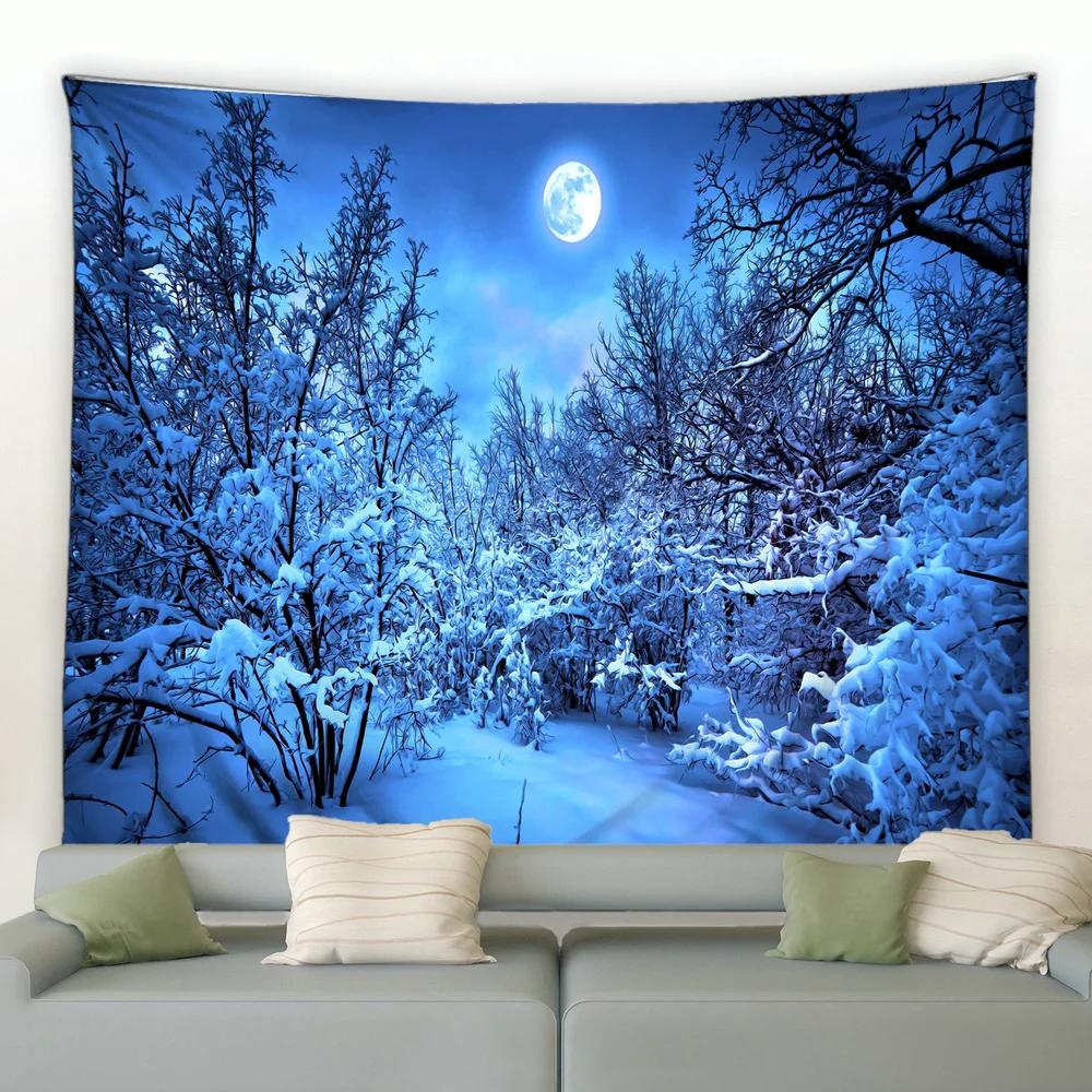 Окно Снаружи Снежинка Лес Гобелен Зимний Пейзаж Гобелены Настенное Панно Домашний Художественный Декор Плед для Спальни Гостиной