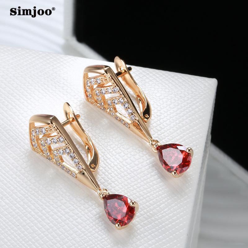 SIMJOO Emperament, простые серьги из розового золота, модные длинные серьги с каплями воды, красные серьги с цирконом, женские