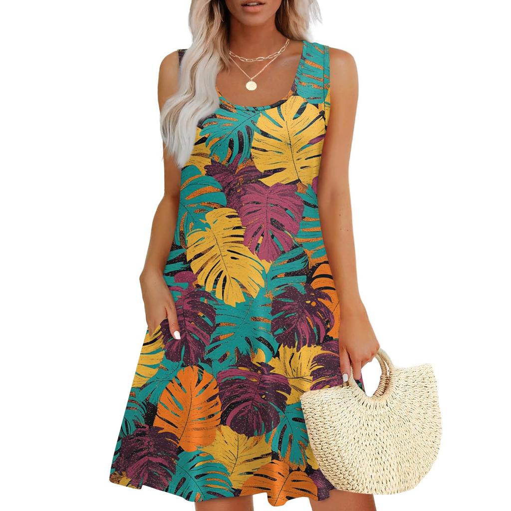 Женское повседневное модное платье с принтом и U-образным вырезом без рукавов