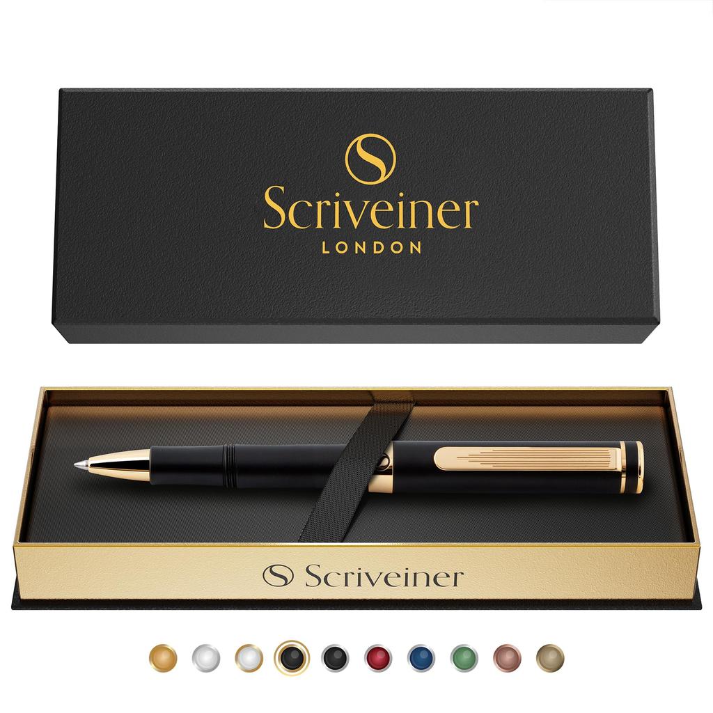 Scriveiner Silver Black Chrome Ballpoint EDC Luxury Gorgeous and Pocket 24K Gold Comfortable Writing Perfect Gift for Men and Includes Schmidt Refills