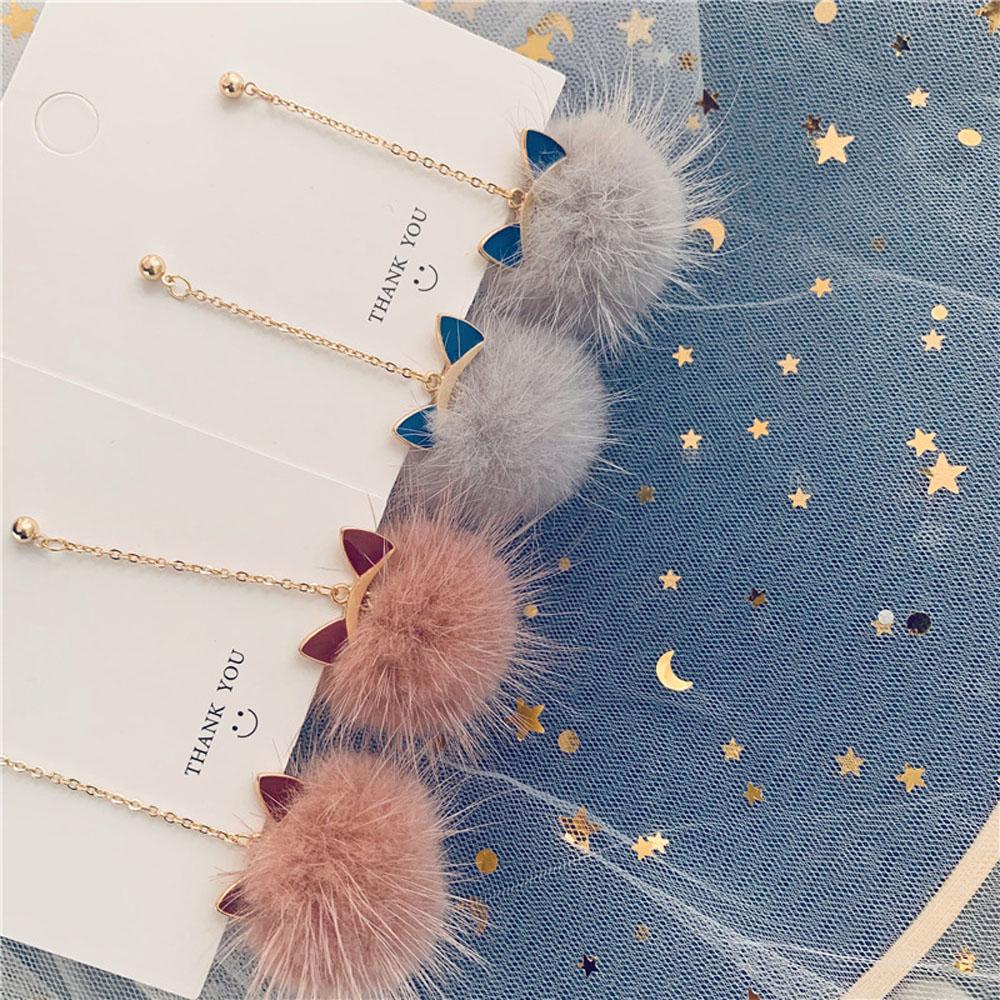 Statement Mink Fur Ball Plush Korean Brincos Fashion Jewelry Long Drop Earrings Dangle Earrings