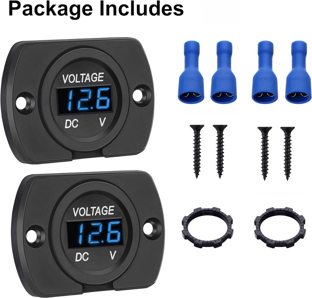2 Pack DC 12V 24V Waterproof Car Voltmeter LED Digital Display Panel, Round Voltage Gauge with Terminals for Car/Motorcycle/Travel Trailer/Truck/Boat