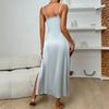 Erotic Lingerie Sexy Pajamas Suspender Swing Neck Dress Blue Maxi Skirt Slit Nightdress Loungewear