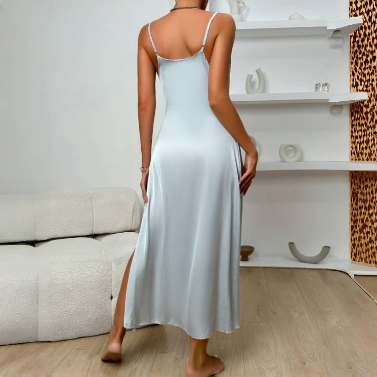 Erotic Lingerie Sexy Pajamas Suspender Swing Neck Dress Blue Maxi Skirt Slit Nightdress Loungewear