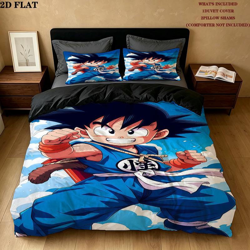 Son Goku Pattern Bedding Quilt Set Quilt Cover Pillowcase Home Birthday Gift(1 * duvet cover + 2 * pillowcase, without core)