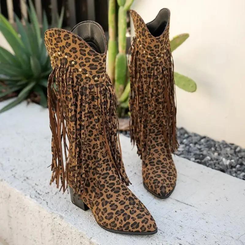 Women Western Cowboy Leopard Knee High Boots Pointed Toe Chunky High Heels Tassel Long Boots Woman Autumn Fringed Botas Shoes