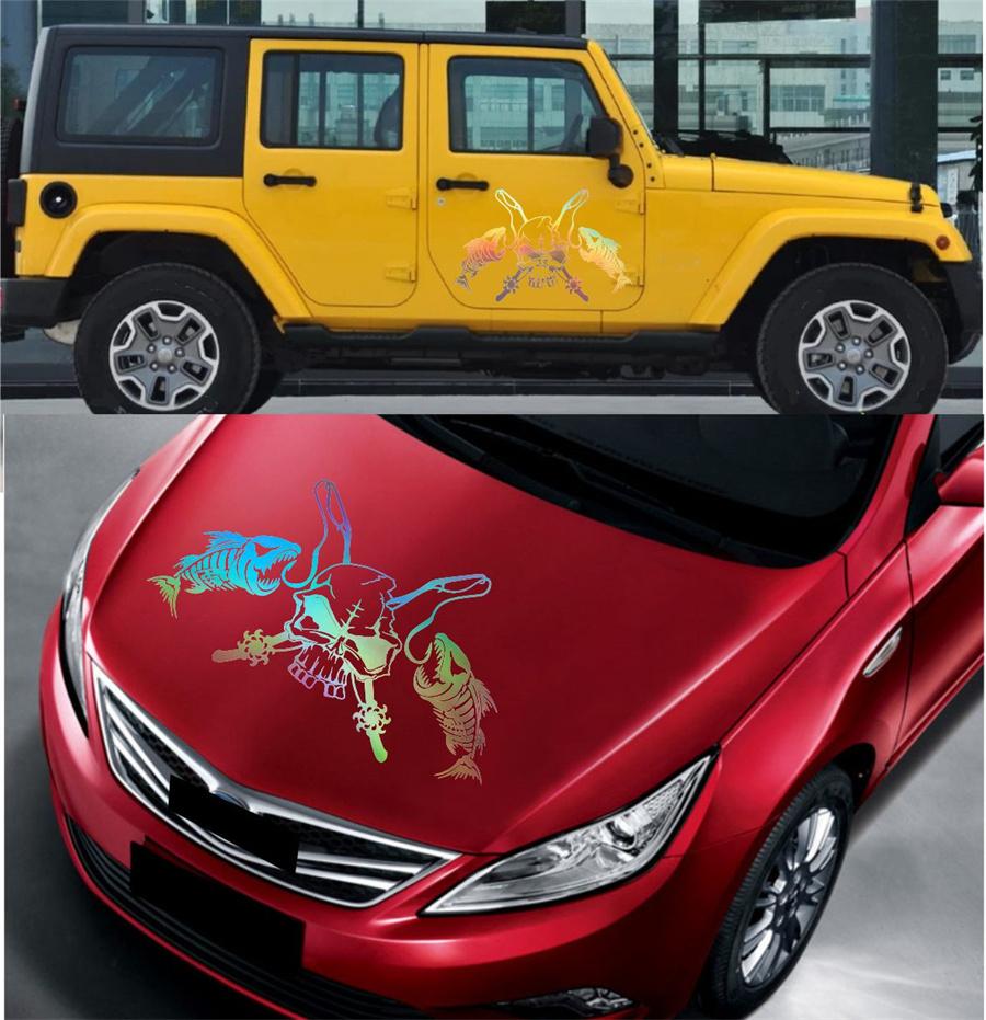 Fishing Skull Skeleton Fish Rod Hook Car Boat Sticker Vinyl Decal Sticker Laser Colorful
