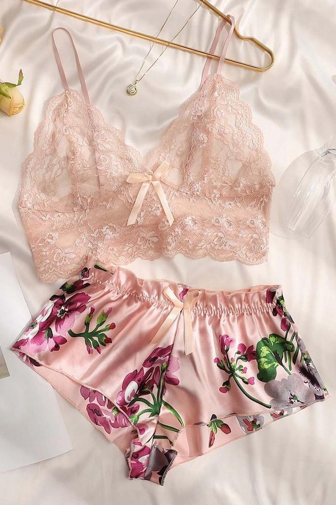 Lace Bustier Floral Bra Shorts Pajama Set Satin
