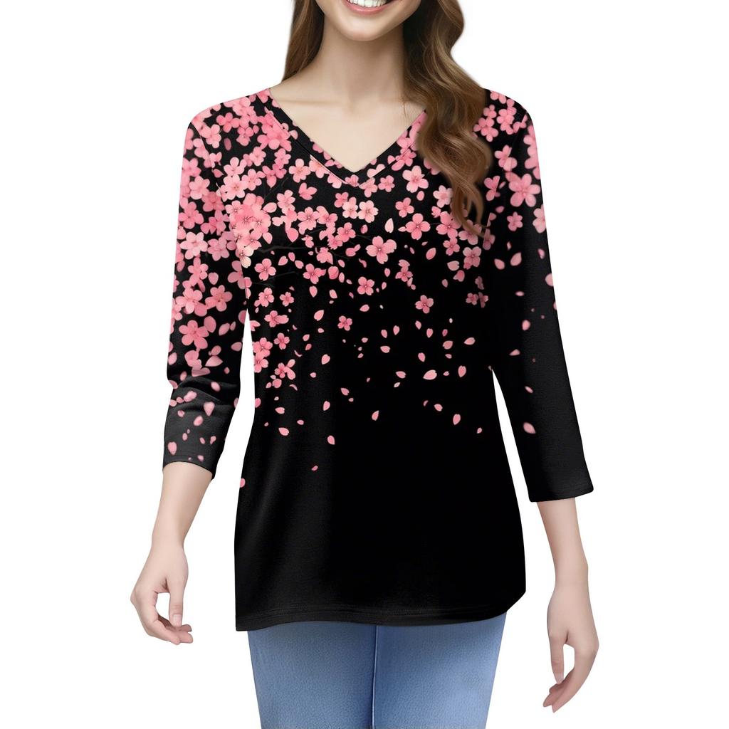 Women's T Shirt Print 3/4 Sleeve Daily Weekend Fashion Basic V- Neck Regular Top