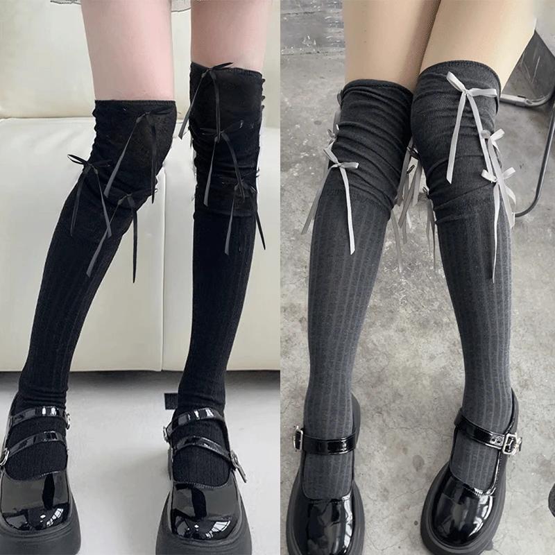 Lolita Long Socks Women Bandage Ribbon Bow Sweet Girls Kawaii Sexy Middle Tube Socks Ballet Style Solid Color Black White Socks