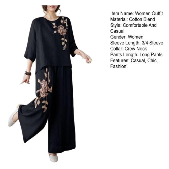 Женские костюмы-двойки с рукавом 3/4, винтажные вышитые рубашки, комплект брюк с широкими штанинами, летний повседневный комплект из хлопка и льна