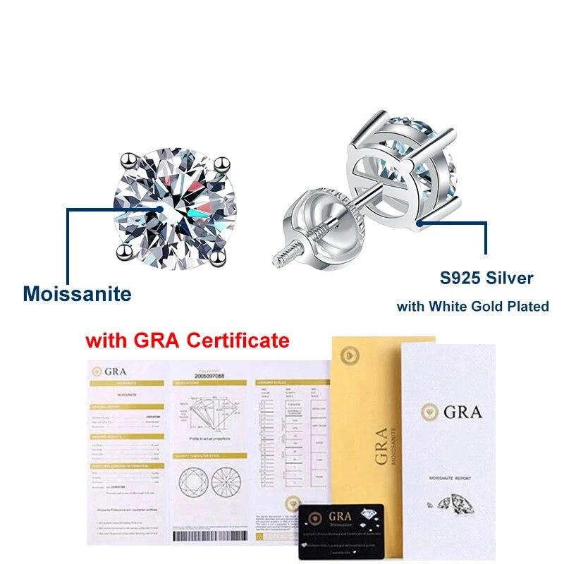 Серьги-гвоздики с муассанитом цвета D, 2 карата для женщин и мужчин, серьги-гвоздики с винтовой резьбой, твердое серебро 925 пробы с покрытием из белого золота, ювелирные изделия