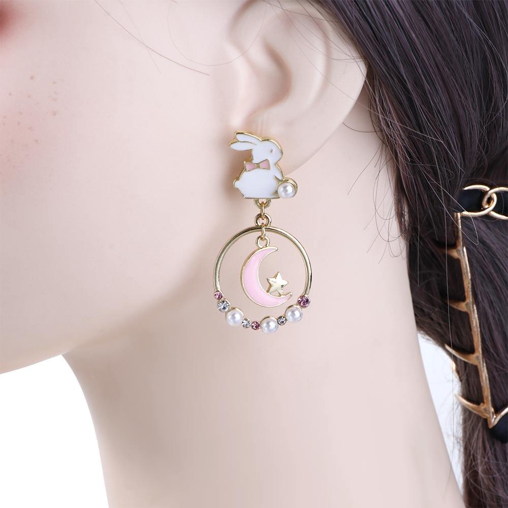 Sweet Personality Girl Moon Korean Asymmetric Earrings Rabbit Drop Earrings Anti Allergy Enamel
