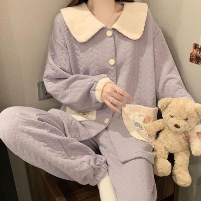 Женский мультяшный хлопковый пижамный комплект - Плотный, свободный, в корейском стиле для весны, осени, зимы