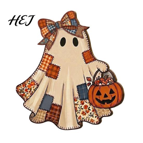 Holiday Party Decorations Halloween Ghost Welcome Door Hanger, Cute Wooden Sign with Witch Hat & Pumpkin Yard Hanging Elements, Fall Indoor