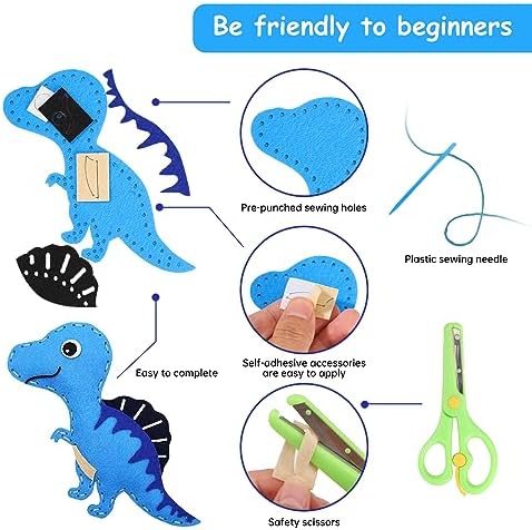 Kids Sewing Kit 14 Pieces Dinosaur Felt Craft Set, DIY Beginner Sewing Kit with Stuffing Yarn Scissors, Educational Creative Art Gift for Boys Girls