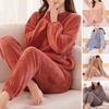 2 Pcs/Set Women Winter Pajamas Set Soft Thick Plush Cold Resistant Solid Color Round Neck Elastic Waist Long Sleeve Lady Homewear Sleeping Set