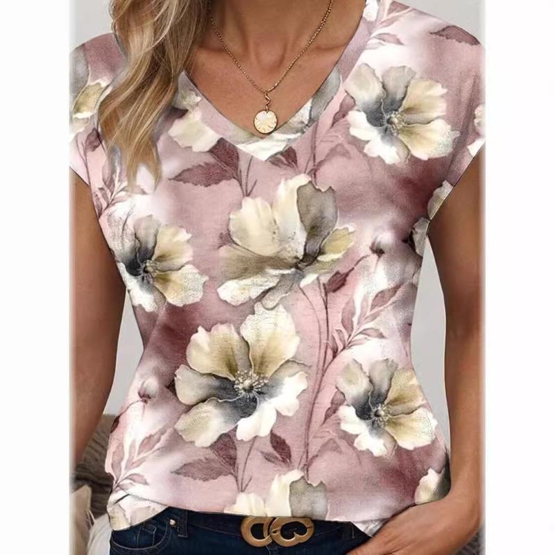 Summer Fresh Flower Print Elegant V-neck Short Sleeved Women's Commuting T-Shirts Women’s