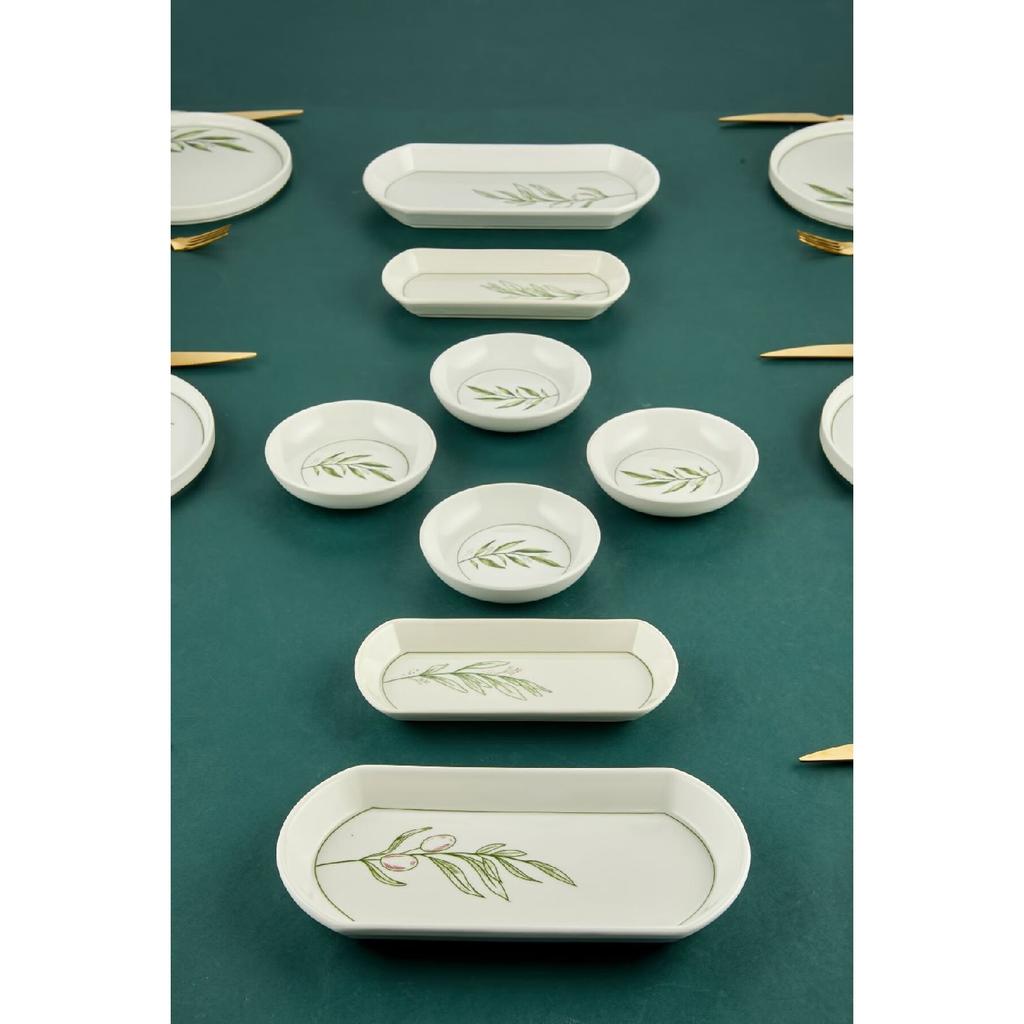 Botanical Green Camellia Leaf Patterned Luxury Ceramic 14 Piece Breakfast Set For 6 Persons